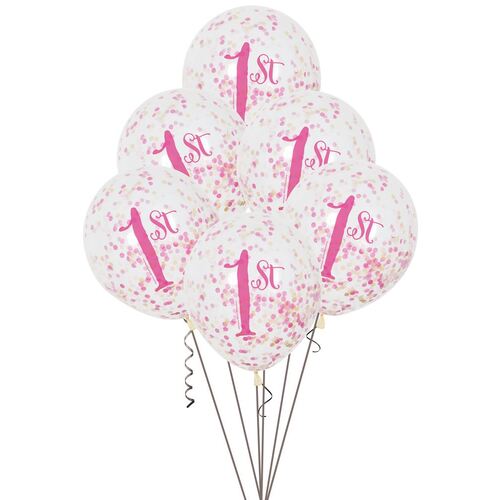 30cm Pink & Gold 1st Birthday Clear Balloons With Dark Pink, Light Pink & Gold Confetti 6 Pack