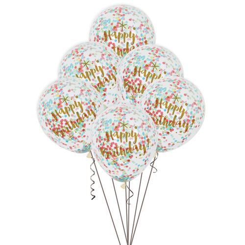 30cm Glitzy Gold Birthday Clear Balloons With Multi-Coloured Confetti 6 Pack