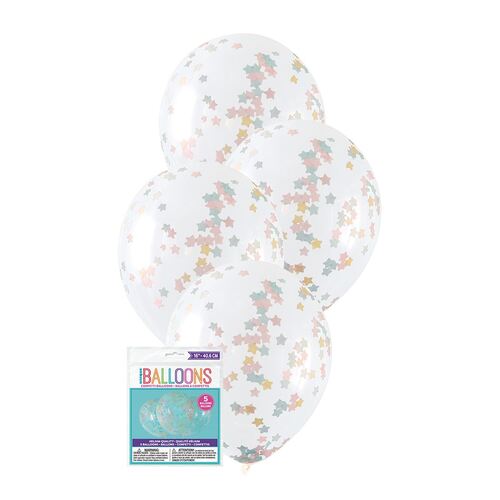 40cm Clear Balloons Prefilled With Pink, Blue & Gold Star Confetti