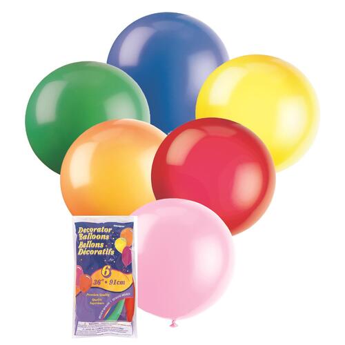 91cm Assorted Colours Latex Balloons 6 Pack