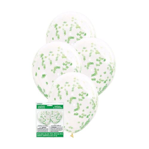 40cm Clear Balloons With Green Shamrock Shaped Tissue Confetti 5 Pack