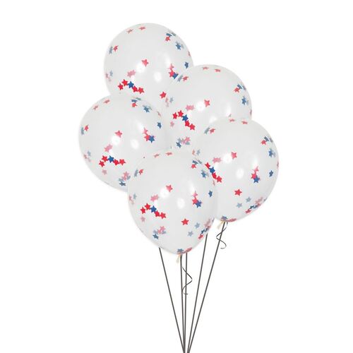 40cm Clear Balloons With Red And Blue Stars Tissue Confetti 5 Pack
