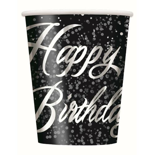 Glitz Silver Happy Birthday Foil stamped Paper Cups 8 Pack 270ml