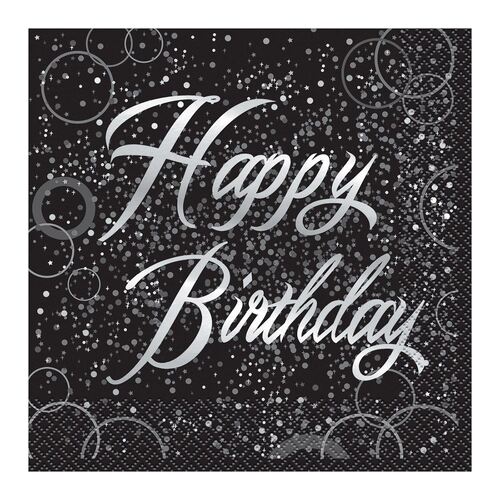 Glitz Silver Foil Stamped Happy Birthday Luncheon Napkins 2ply 16 Pack