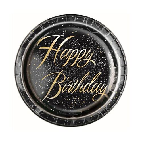 Glitz Gold Happy Birthday Foil Stamped Paper Plates 23cm 8 Pack