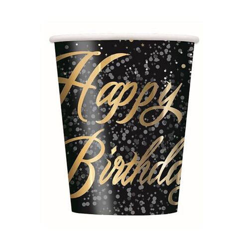 Glitz Gold Happy Birthday Foil stamped Paper Cups 8 Pack 270ml