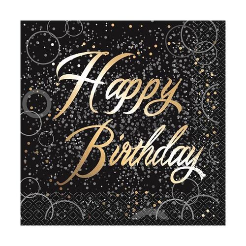 Glitz Gold Foil Stamped Happy Birthday Luncheon Napkins 2ply 16 Pack