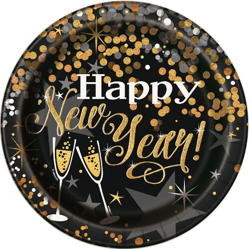 Glittering New Years Paper Plates 18cm 8 Pack