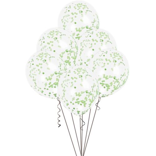 30cm Clear Balloons With Lime Green Confetti 6 Pack