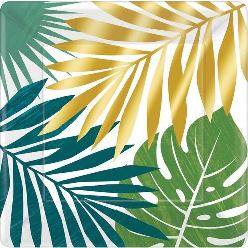 Key West Metallic Square Dinner Plates Palm Leaves 25cm 8 Pack