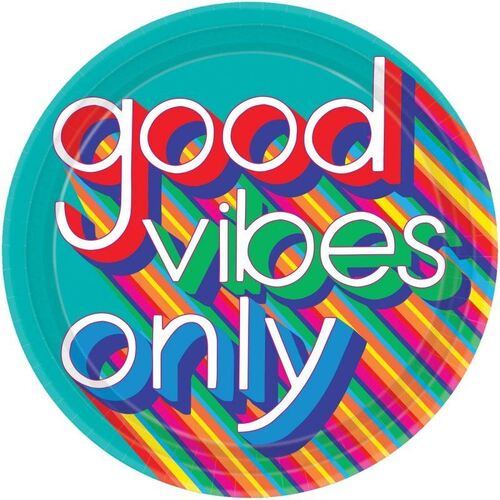 Good Vibes 70's Round Paper Plates 26cm 8 Pack