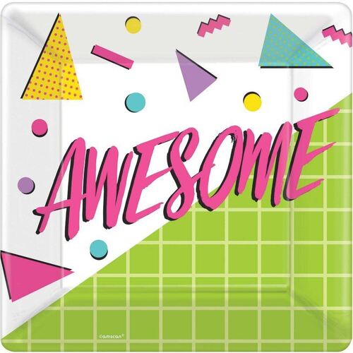 Awesome Party 80's Square Plates 25cm 8 Pack