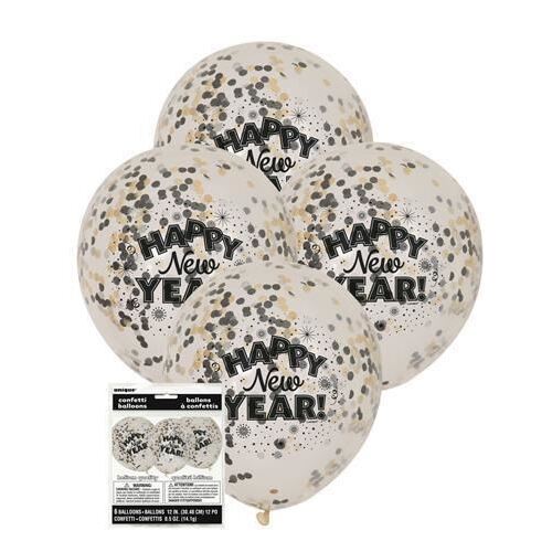Happy New Year 6 x 30cm Clear Balloons With Silver Gold & Black Confetti