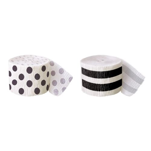 Crepe Streamers  Black Stripes And Dots 2 Pack