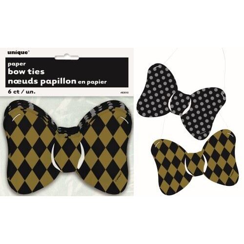 Paper Bow Ties 3 Each Black & Gold And Black & Silver 6 Pack