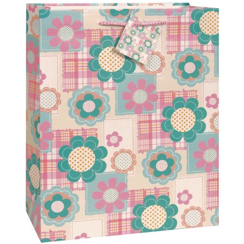 Gift Bag Plaid Flowers Large
