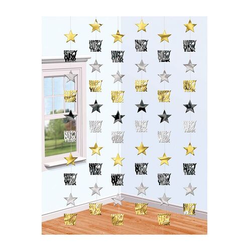 Happy New Year & Stars  Black, Silver & Gold Hanging Foil String Decorations 6 Pack