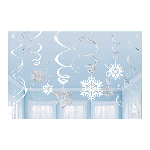 Snowflakes Hanging Foil Swirl Decorations 12 Pack