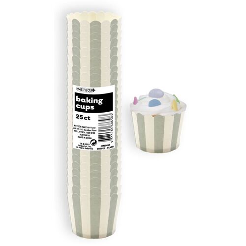Stripes Silver Paper Cupcake Baking Cups 25 Pack