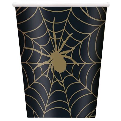 Black & Gold Spider Web Paper Cups 270ml 8 Pack