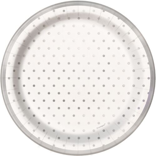 Foil Stamped Mini Dots Silver Paper Plates 18cm 8 Pack
