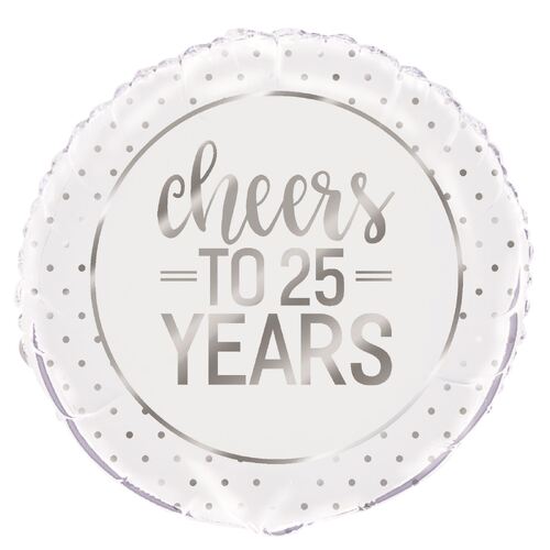 45cm Silver Dot Cheers To 25 Years Foil Balloon Packaged