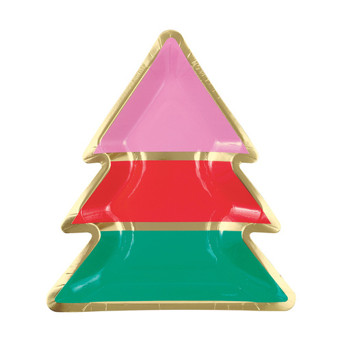 Vibrant Christmas Tree Foil Stamped Tree Shaped Paper Plates 21cm 8 Pack