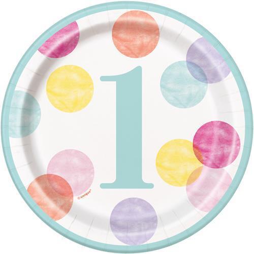Pink Dots 1st Birthday Paper Plates 18cm 8 Pack