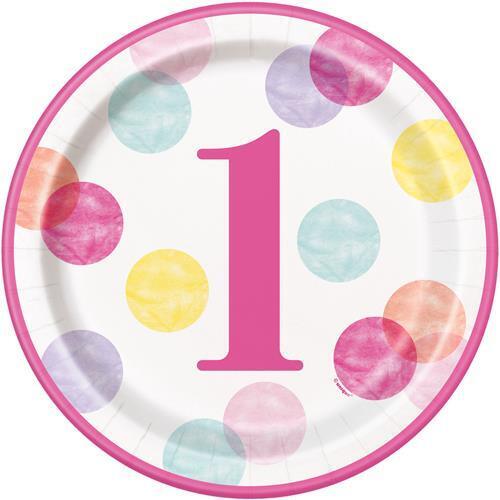 1st Birthday Dots Pink Paper Plates 23cm 8 Pack