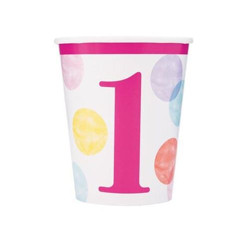 Pink Dots 1st Birthday Paper Cups 8 Pack 270ml