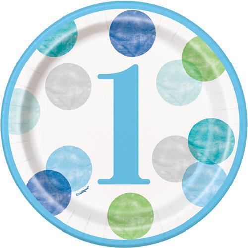 Blue Dots 1st Birthday Paper Plates 18cm 8 Pack