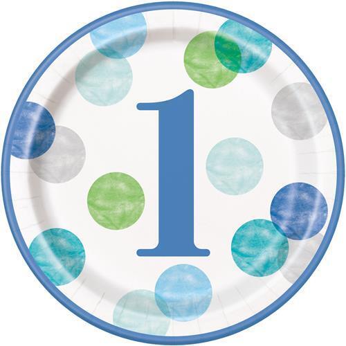 1st Birthday Dots Blue Paper Plates 23cm 8 Pack