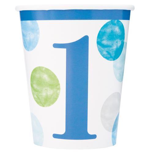 Blue Dots 1st Birthday Paper Cups 8 Pack 270ml