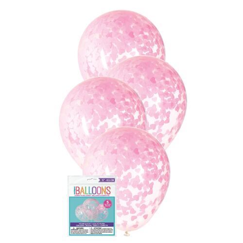 40cm Clear Balloons Prefilled With Lovely Pink Heart Shaped Confetti 5 Pack
