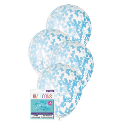 Clear Balloons Prefilled with Powder Blue Heart Shaped Confetti 5 Pack