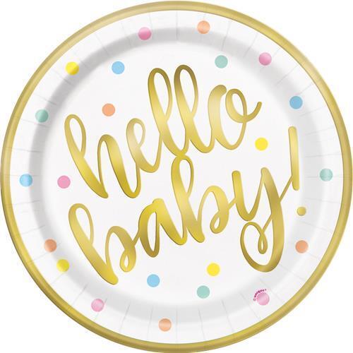 Hello Baby Foil Stamped Paper Plates 23cm 8 Pack