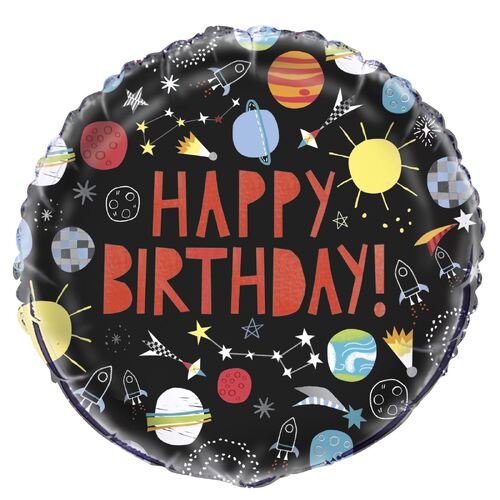 45cm Outer Space Happy Birthday Foil Balloon Packaged