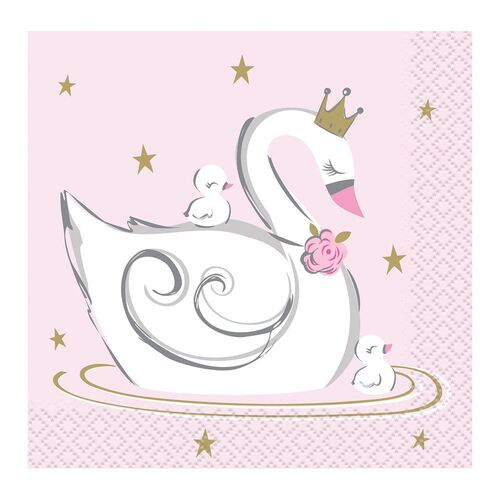 Swan Birthday Beverage Napkins 2ply 25cm X 25cm 16 Pack