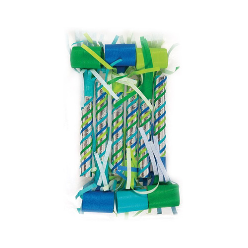 Blue & Green Stripe Fringed Party Blowouts 6 Pack