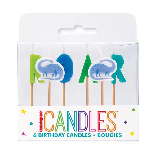 Dinosaur "Roar"  Blue & Green Pick Birthday Candles 6 Pack