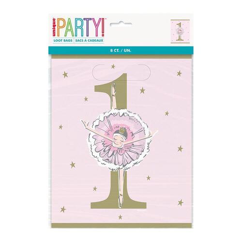 Ballerina Pink & Gold 1st Birthday Loot Bags 22.5cm H X 18cm W 8 Pack