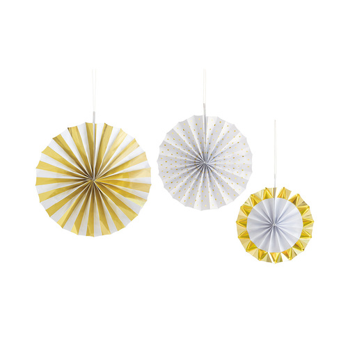 Foil Stamped Gold & White Paper Fans - Assorted 3 Pack