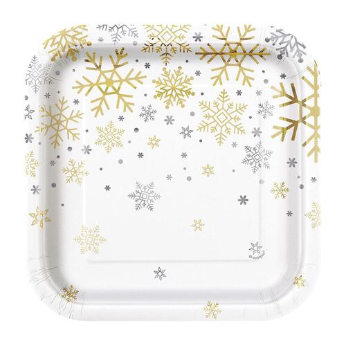 Silver & Gold Holiday Snowflakes Foil Stamped Square Paper Plates 18cm 8 Pack