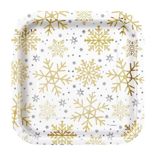 Silver & Gold Holiday Snowflakes Foil Stamped Square Paper Plates 23cm 8 Pack