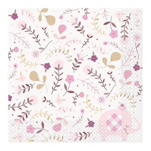 Floral Elephant Baby Shower Pink Luncheon Napkins 16 Pack