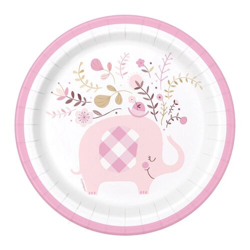 Floral Elephant Baby Shower Pink Paper Plates 17cm 8 Pack