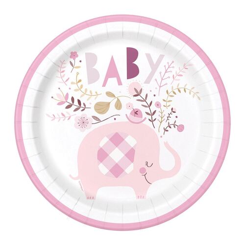 Floral Elephant Baby Shower Pink Paper Plates 22cm 8 Pack