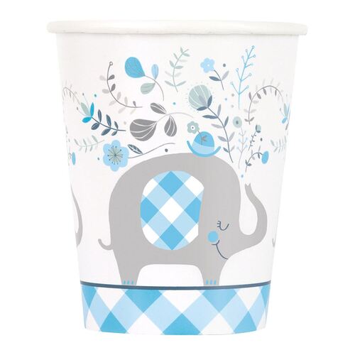 Floral Elephant Baby Shower Blue Paper Cups 270ml 8 Pack