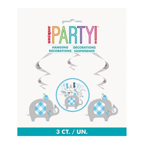 Floral Elephant Baby Shower Blue Hanging Swirl Decorations 3 Pack