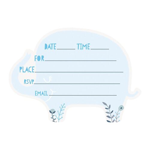 Floral Elephant Baby Shower Blue Invitations 8 Pack